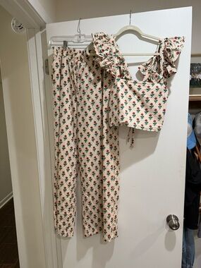 Floral Ruffle Strap Crop Top & Wide Leg Pants Set - Cream with Red Floral